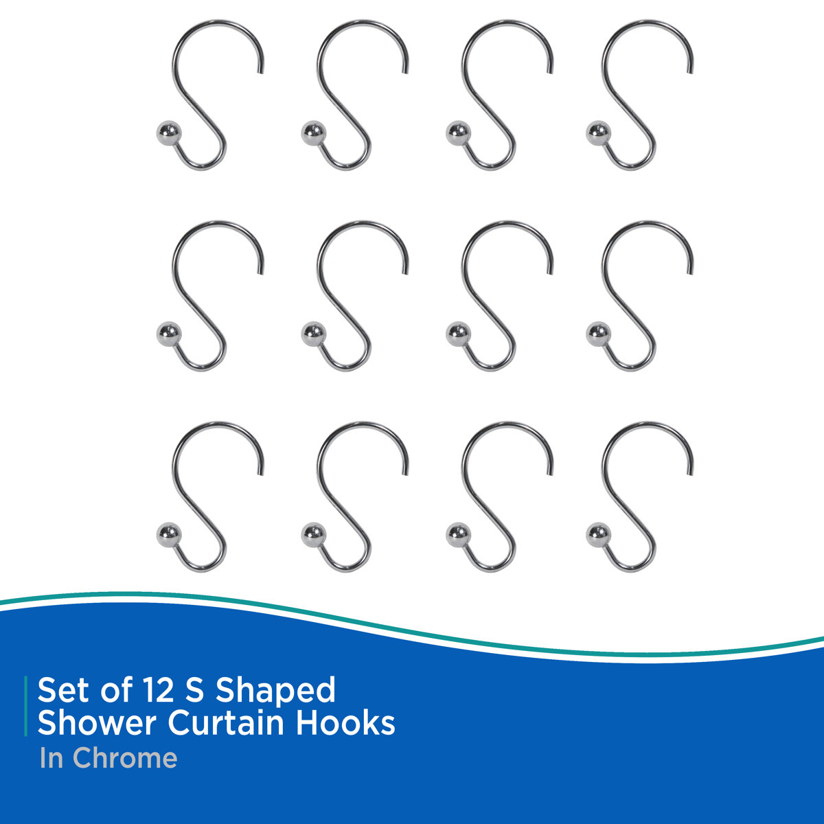 Kenney Rust-Resistant Metal S Shaped Shower Curtain Hooks, Chrome (Set of 12)